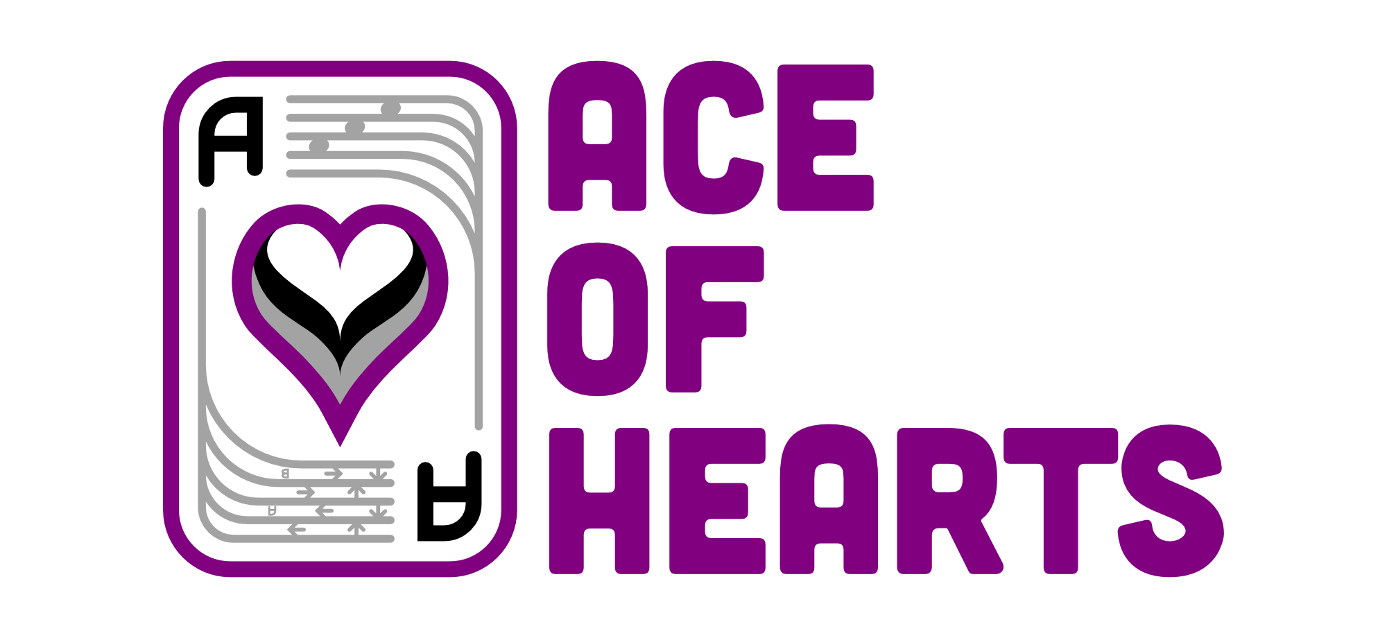 Ace of Hearts. The logo includes an ace of hearts playing card in the asexual pride colours -- black, grey, white, and purple -- and flourishes featuring a music staff with the notes A, C, and E, and a rhythm game chart.